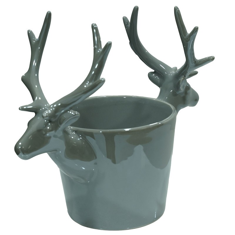 Vaso in ceramica grigio con teste di renne laterali - H. 22cm - Stile